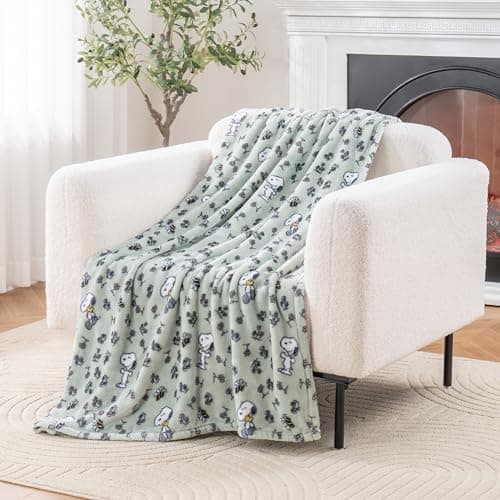 Berkshire Blanket Peanuts® VelvetLoft® Cute Character Snoopy Plush Throw Blanket,Peanuts Snoopy & Woodstock New Flower and Bees Sage,Throw 55 in x 70 in (Official Peanuts® Product)