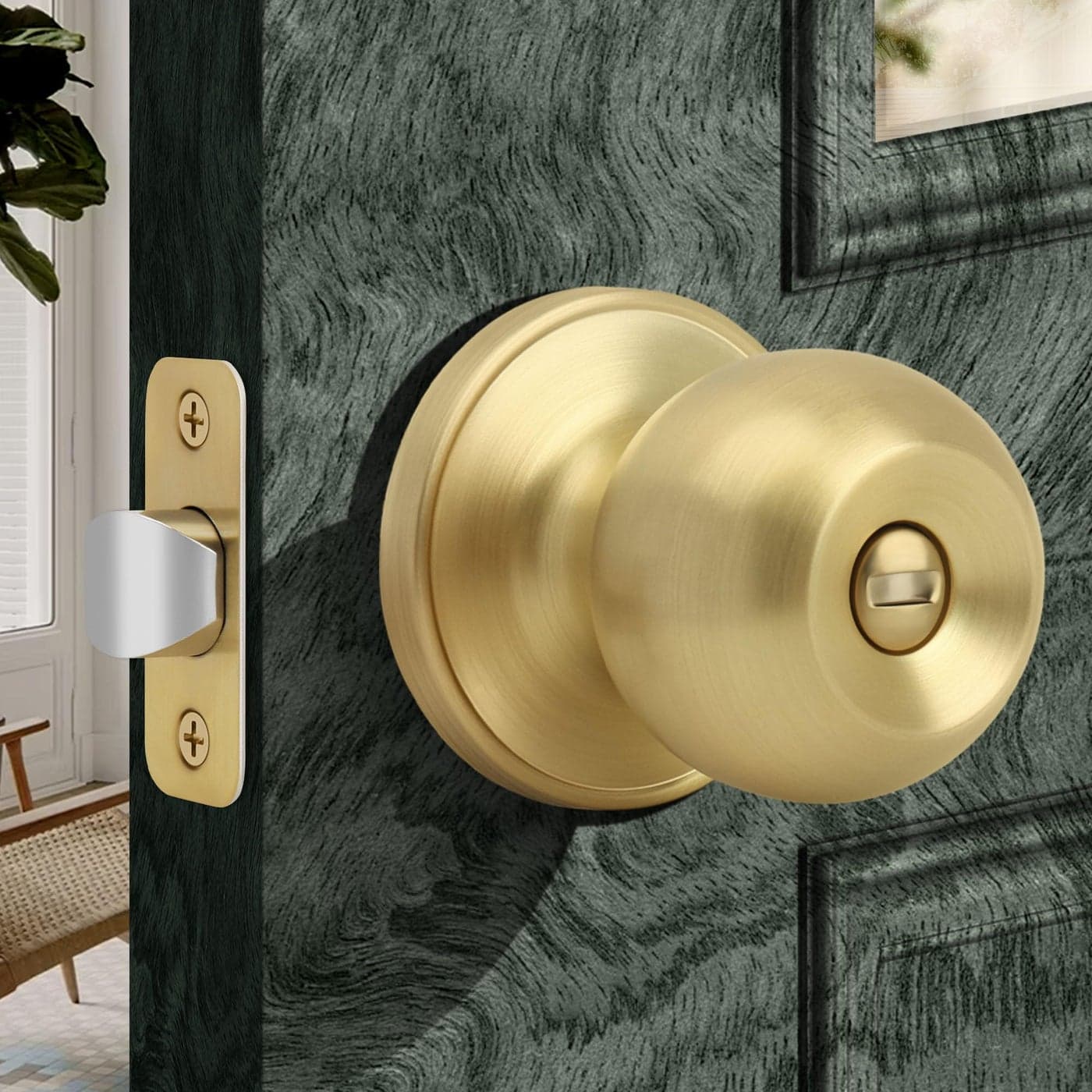 Moquin Gold Privacy Door Knob with Lock Keyless Interior Round Ball Door Knob for Bathroom or Closet Satin Brass