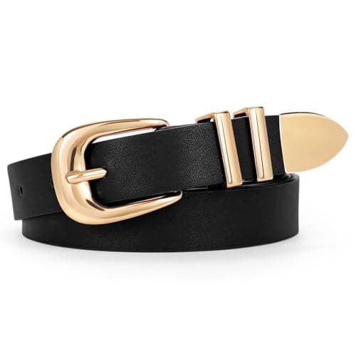 WERFORU Women Leather Belt Fashion Leather Waist Belt for Pants Jean Ladies Western Thin Belt with Gold/Silver Buckle(Fit Waist Size 26"-30",Black-Gold Buckle