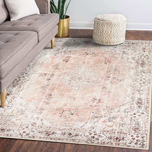 MUJOO 5x7 Area Rugs Pink Machine Washable Boho Rug for BedroomLiving Room Laundry Room Kitchen Non Slip Carpet Abstract Soft LowPile Floral