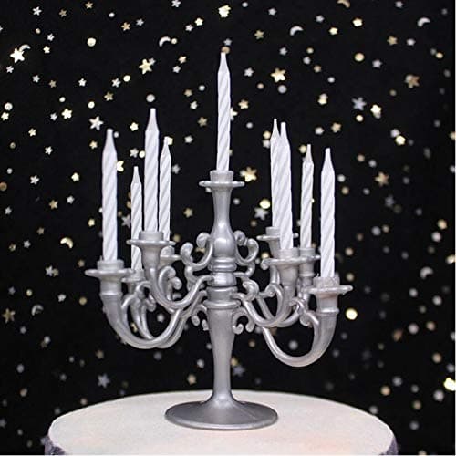 CheeseandU Mini Plastic Candle Holder Stand with 7Pcs Candelabra Taper Beautiful Vintage Candlestick Cake Topper Desk Ornament for Wedding Event Birthday Party Candelabra Cake Topper Silver