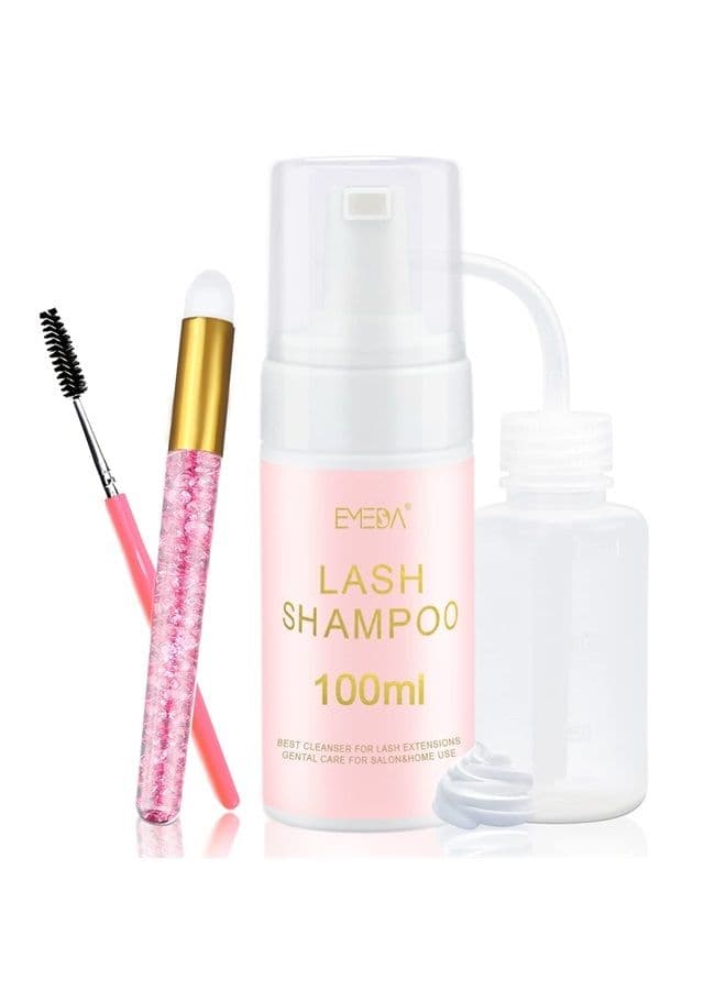 Lash Shampoo for Lash Extensions 100ml/3.38 fl.oz Eyelash Extension Cleanser Oil Free Foam Soap Lash Bath for Cluster Lashes Wash Oil Dustcare,Lash Cleaning Kit with Rinse Bottle Brush