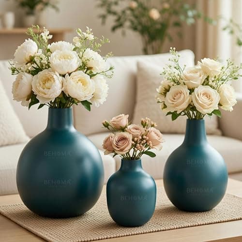 BEHOMA Metal Flower Vase For Home Dcor Living Room Office| Table Decorative Festivals Birthday Opal Blue S - 9.5(L) X 12(H) & M - 13(L) X 17.7(H) & L - 17.5(L) X 21(H) |(Flower Not Included), Round