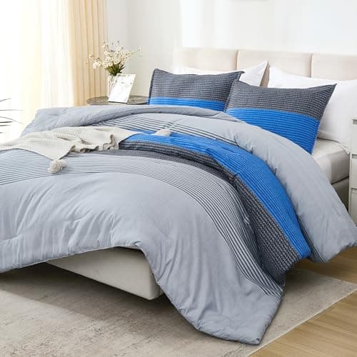Litanika Bed Comforter Queen Set Grey Blue, Striped Bedding Set, 3 Pieces Lightweight Soft All Season Down Alternative Comforter and Pillowcases