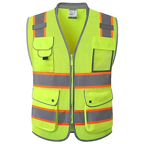JKSafety 9 Pockets Hi-Vis Safety Vest Breathable Mesh Fabric Cushioned Collar Work Utility PPE Lightweight Industrial Work Gear ANSI/ISEA compliant (101-Yellow L)