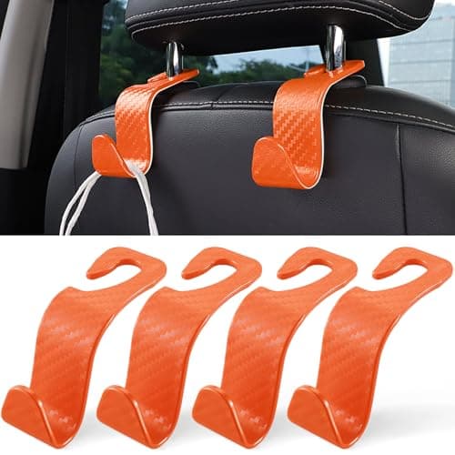 LivTee Car Purse Hook Headrest Hook for Car 4 Pack Universal Auto Car Seat Headrest Hook Hangers Organizer for Purse Coat Umbrellas Grocery Bags Handbag Car Accessories Carbon Fiber Orange