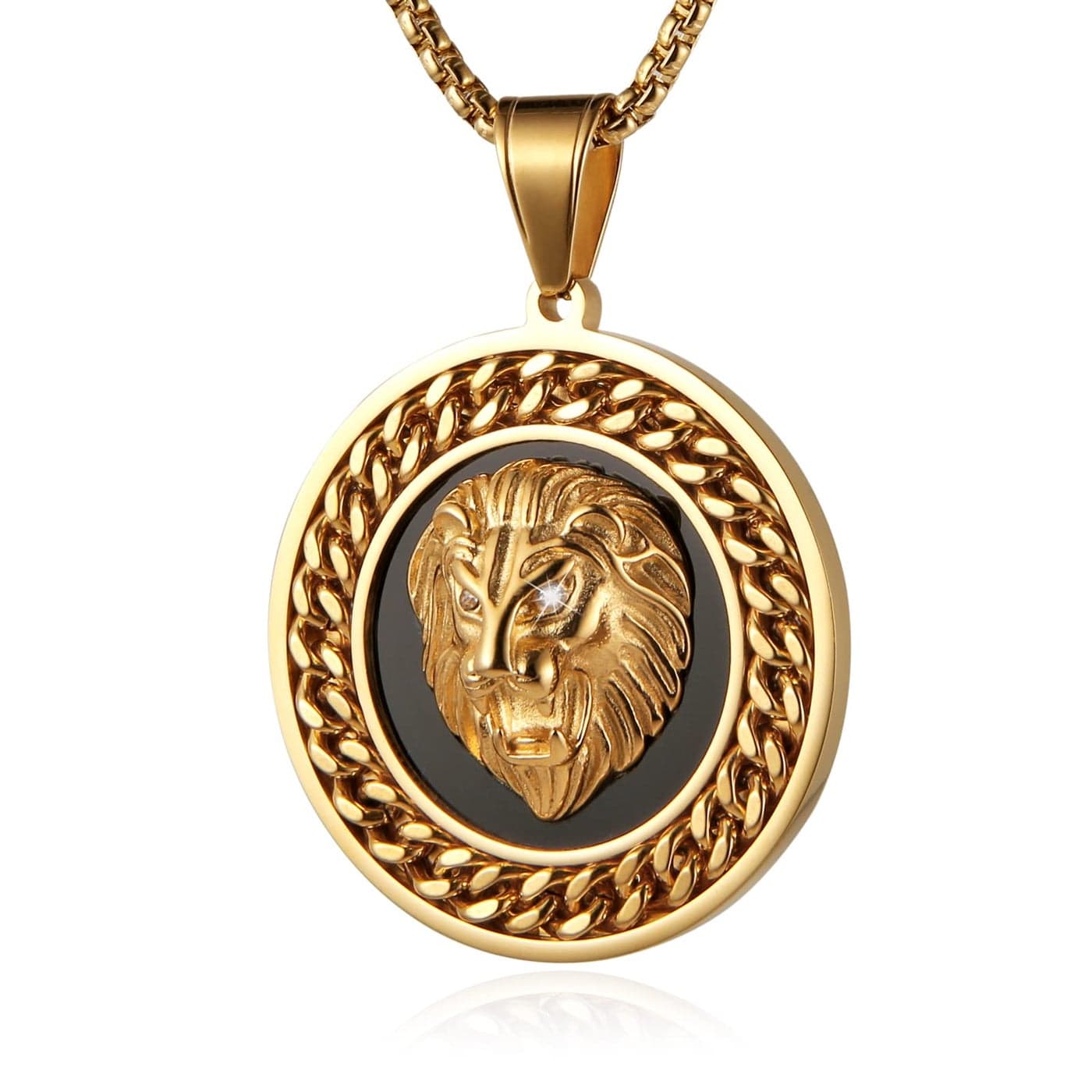 AsAlways Hip Hop Jewelry 3D Lion Head Shiny Circle of Cuban Link Pendant Gold Medallion Lion King Leo Necklace for Men Women