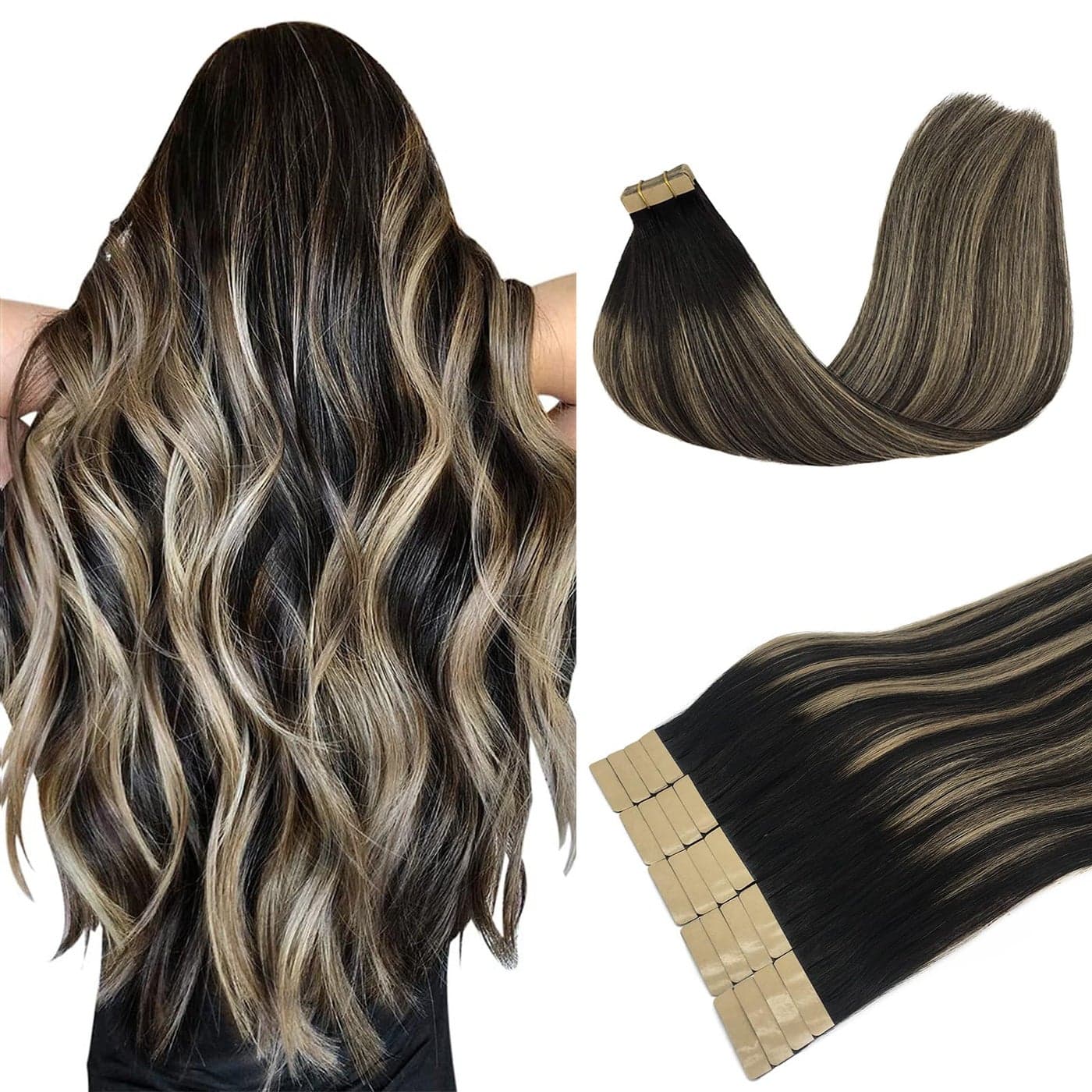 DOORES Human Hair Extensions Tape in Balayage Natural Black to Light Blonde 22 Inch 50g 20pcs Tape in Hair Extensions Remy Hair Extensions Straight