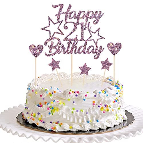 Festiko® Purple Glitter Happy 21st Birthday Cake Topper with Cupcake Toppers - 21st Birthday Cupcake Decoration, 21st Birthday Cake Decor for Boys or Girls (21st)