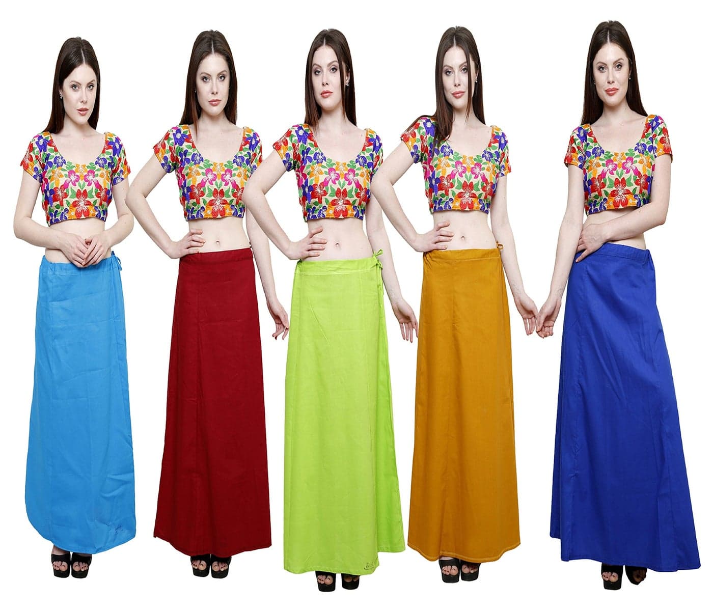Pistaa's Women's Cotton Combo of Turquoise, Deep Maroon, Parrot Green, Mustard and Ink Blue Color Inskirt Saree Petticoats