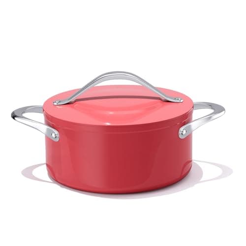 CookinCraze Dutch Oven Pot with Lid 4.5QT Stock Pot (9.5"x 4") Nonstick Ceramic Coated Soup Pot Non-Toxic PFAS-Free for Braising, Baking Bread & Stewing, Compatible for All Cooktops(Induction/Gas/Electric) Oven Safe to 500°F, Fusion Red