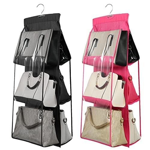 OxbOw 2Pcs Combo 6 Pocket Handbag Organizer, Bag Organiser For Ladies Handbags, Purse Organiser For Handbag, Closet Organizer For Wardrobe, Tote Bag Hanger, 90 X 35 X 35 Cm (Black+Pink)