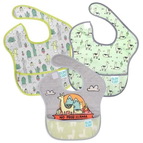 Bumkins Bibs for Girl or Boy, SuperBib Baby and Toddler for 6-24 Months, Essential Must Have for Eating, Feeding, Baby Led Weaning Supplies, Mess Saving Catch Food, 3-pk No Prob-Llama, Cactus, Llamas