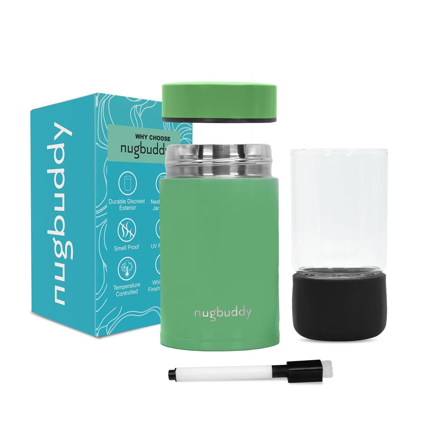 nugbuddy Mini Airtight Storage Container Vacuum Sealed Insulated w Nested Glass Jar UV Protection Temperature Controlled Stainless Whiteboard Finish w Marker Included 100 ml 14 Oz