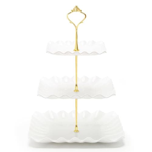 Coitak 3 Tier Cupcake Stand, Plastic Tiered Serving Stand, Square Dessert Tray for Tea Party, Baby Shower and Wedding (Pure White)
