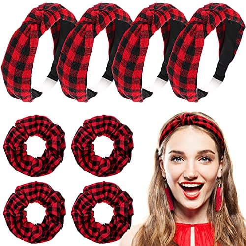 Dingion 8 Pack Christmas Plaid Snowflake Headbands 4 Buffalo Plaid Hair Scrunchies 4 Christmas Knotted Headband Plaid Hair Band with Elastic Hair Scrunchies for Women Girl(Red Black)