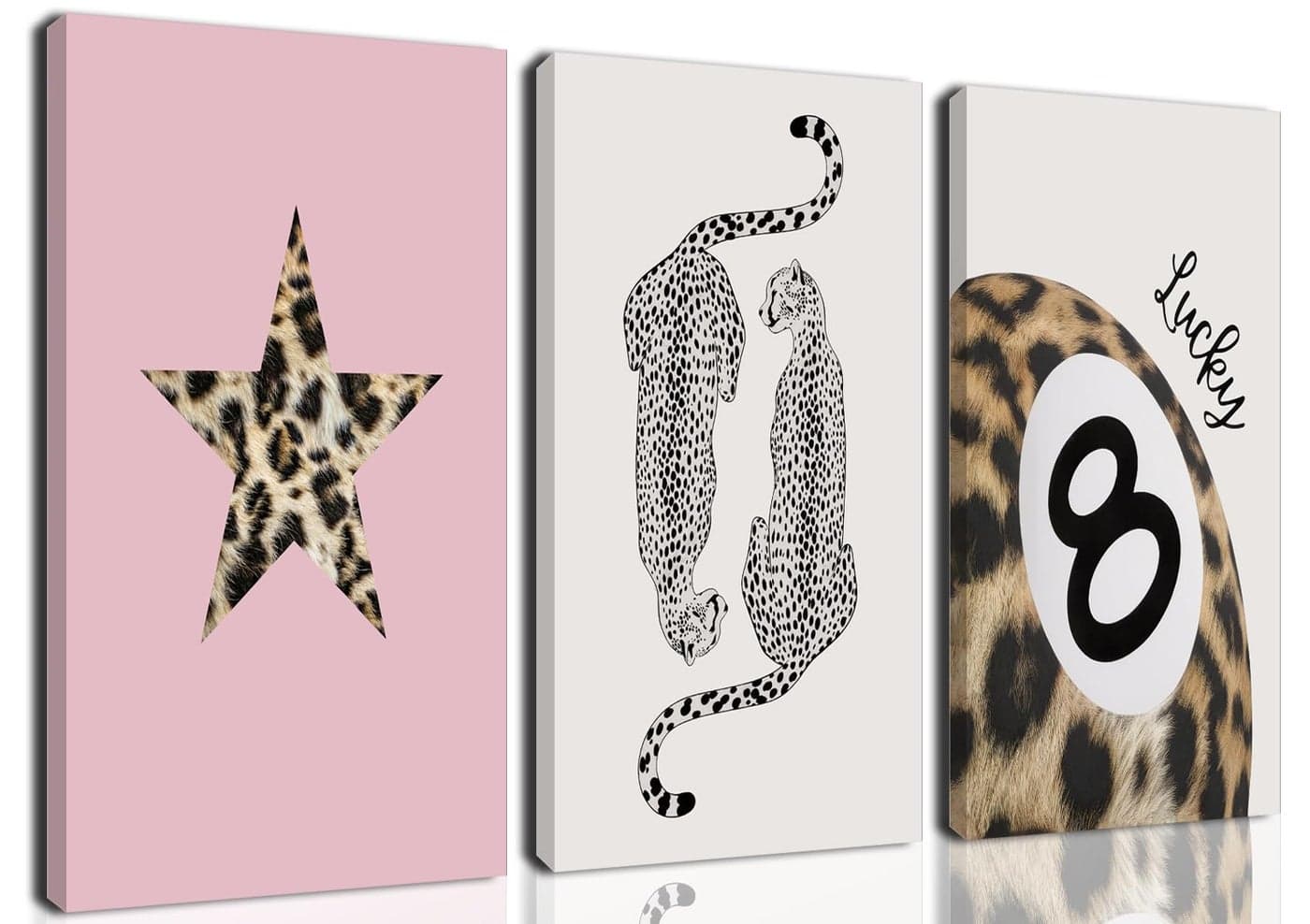 Hwetui Trendy Leopard Canvas Wall Art Set of 3 Funky Lucky 8 Ball Posters Prints Preppy Room Aesthetic Painting Cheetah Wall Decor Pictures for Girls Bedroom Apartment Dorm 16x24 Inch Framed