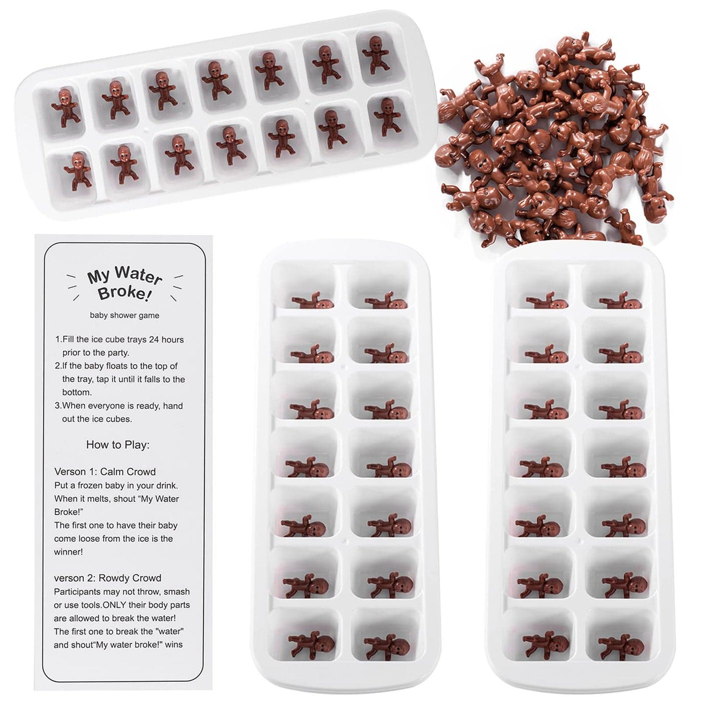 My Water Broke Baby Shower Game with 80 Mini Plastic Babies 3 Ice Cube Trays and 1 Sign Used for Ice Baby Shower Games Black