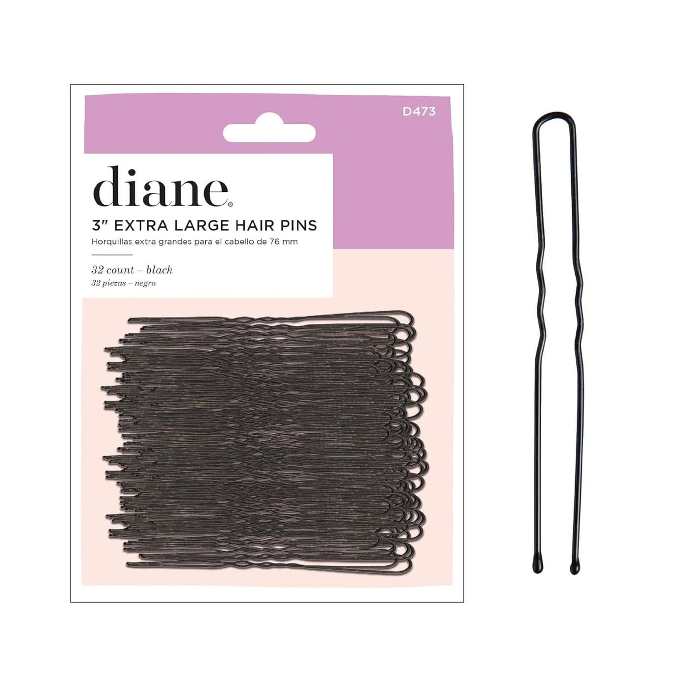 Diane Extra Large 3” Hair Pins for Women, Girls, Hairdressing, Salon, U Shaped Hair Pins with Ball Tips for Securing Updos, Buns, Braids, and Everyday Styles, Black (32 Count)