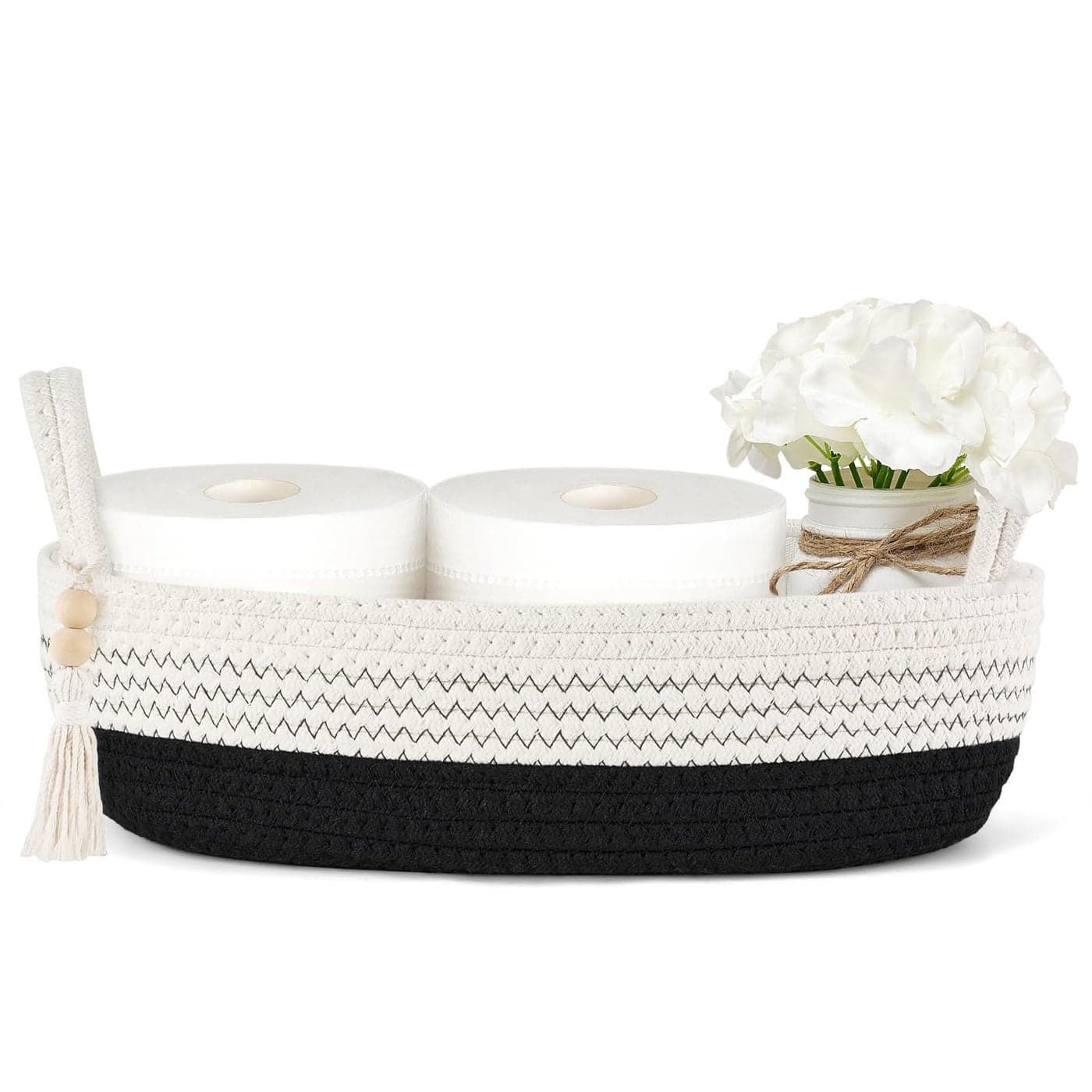 Mkono Small Storage Basket for Toilet Tank Top Boho Bathroom Decor Woven Rope Toilet Paper Tray Organizer for Shelf Bedroom Living Room Black and White 1 Pack 13 L x 6 W