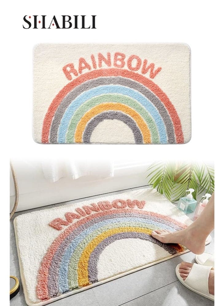 50 x 80 cm Ivory Rainbow Floor Mat, Polyester Fiber Absorbent Bath Rug with Non-Slip Backing, Soft Bathroom Doorway Shower Entry Bedroom Dorm Balcony Accent Mat for Families and Home Decoration