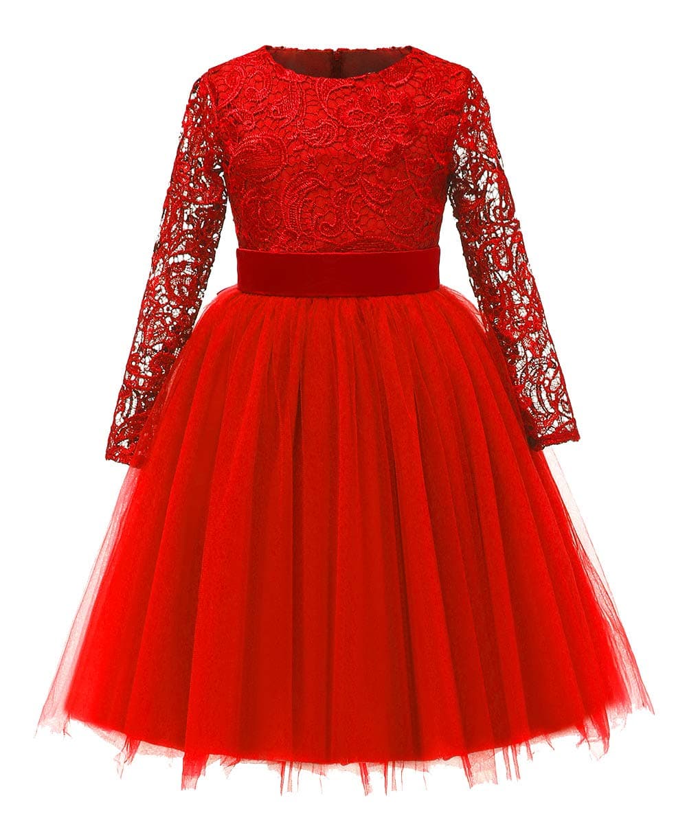 Flower Girl Dress Long Sleeves Lace Top Tulle Skirt Girls Lace Party Dresses (Size 10,Red)