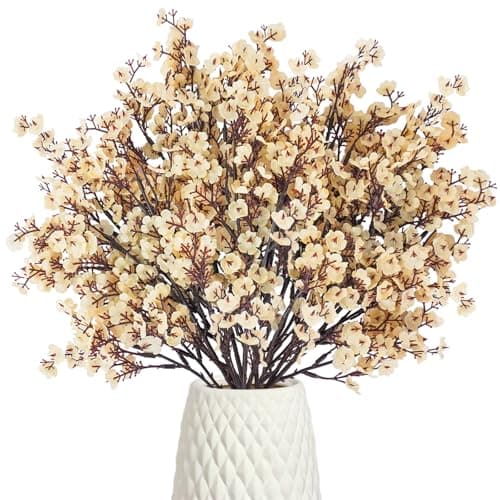 Uieke 6 Pcs Artificial Flowers Baby Breath Faux Champagne Artificial Gypsophila Bouquet Fake Silk Flowers Real Touch for Home Office Kitchen Wedding Wall DIY Room Farmhouse Dcor