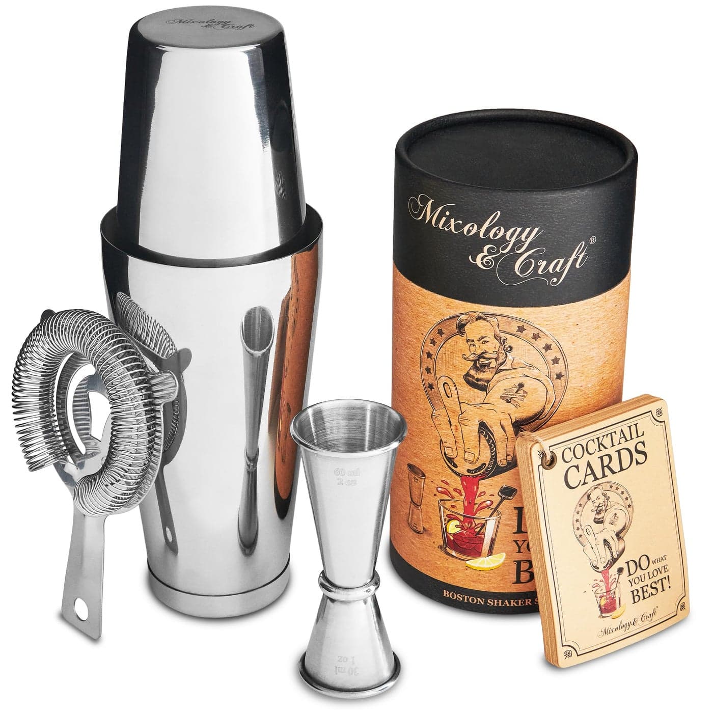 Mixology Cocktail Shaker Boston Shaker Set Professional Weighted Martini Shakers, Strainer and Japanese Jigger, Portable Bar Set for Drink Mixer Bartending, Exclusive Recipes Cards (Silver)