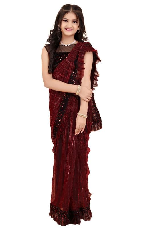 Xavima Kids Supernet Tikli Work Ready to Wear Saree With Unstitched Blouse Piece- Maroon_Size : 4-5 Y