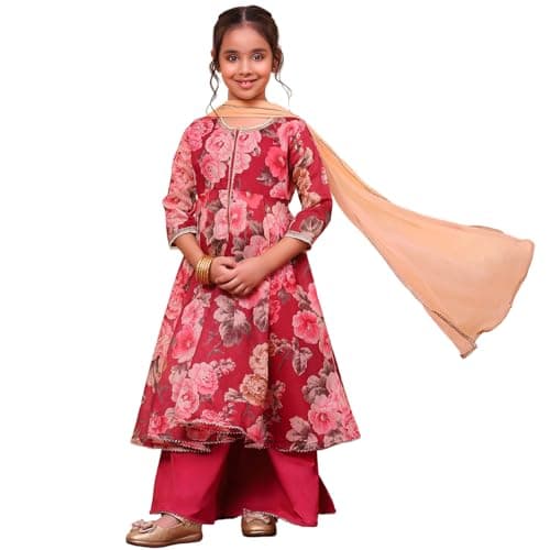 Biba Girls Wine Flared Poly Modal Printed Kurta suit set