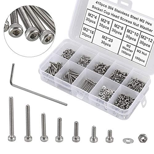 HanTof 410Pcs Tiny Hex Socket Head Cap Screws Bolts, 304 Stainless Steel M2 x 4/6/8/10/12/16/20mm, Micro Allen Head Machine Screws, Nuts and Washers Kit with Hex Wrench, Fully Threaded Pitch: 0.4mm