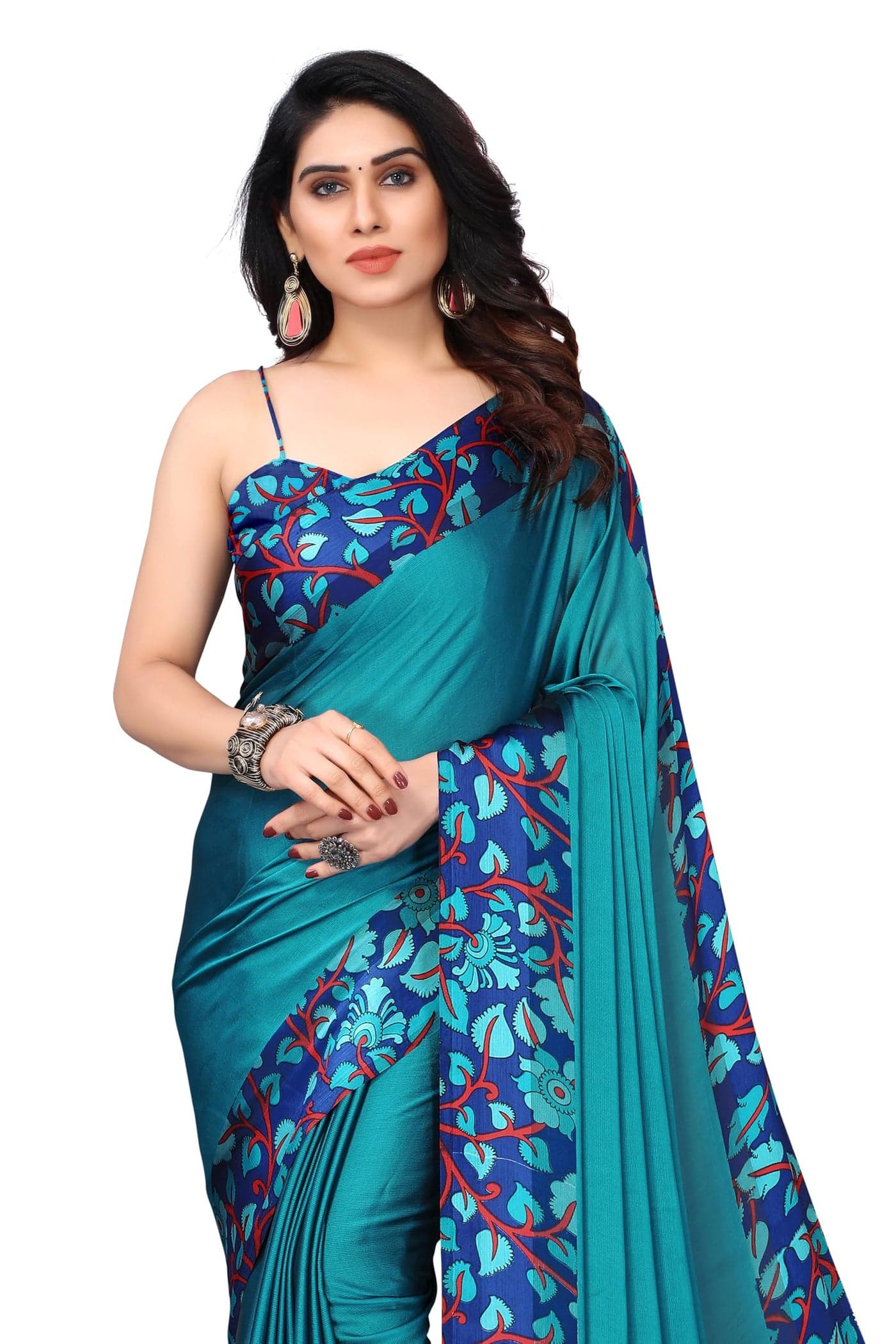 MIRCHI FASHION Women's Chiffon Georgette Floral Printed Saree with Blouse Piece (36877-Teal Blue, Blue)