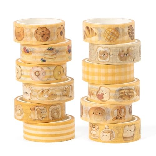 BkeeCten Bakery Bless Washi Tape 12 Rolls Cute Donut Bear Waffle Bakery Washi Colored Masking Painters Scrapbook Decorative Art Tape Set DIY Crafts Self Adhesive Gift Wrapping Scrapbooking Supplies