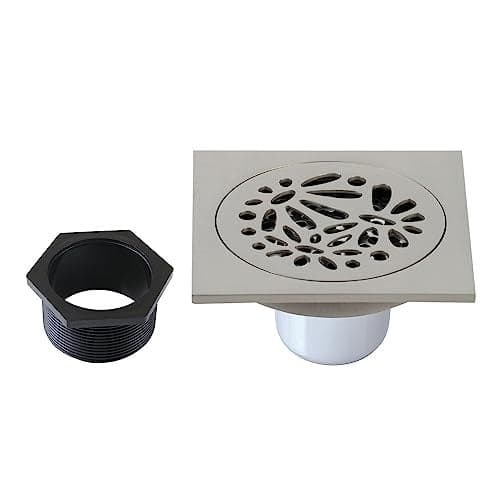 Floral 4 Brass Square Grid Shower Drain with Hair Strainer Brushed Nickel