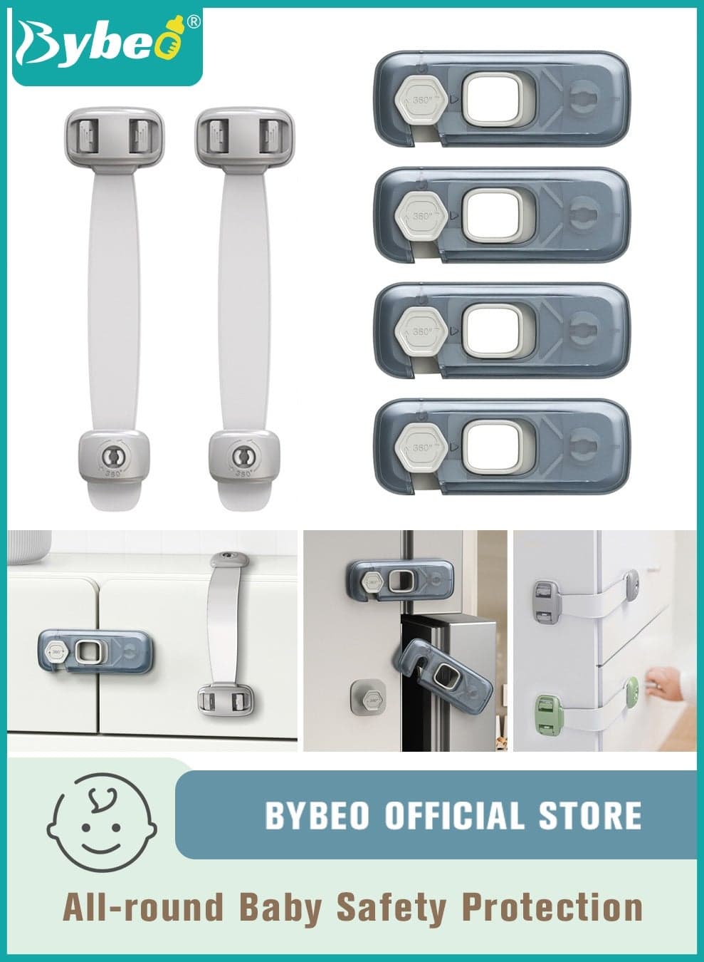 6-Piece Baby Safety Locks, Kids Security Locks Set, Adjustable Children Safety Locker for Freezer, Cabinet, Drawers, Door, 3M Adhesive Pads, No Drilling, Ideal for Toddlers Children and Kids