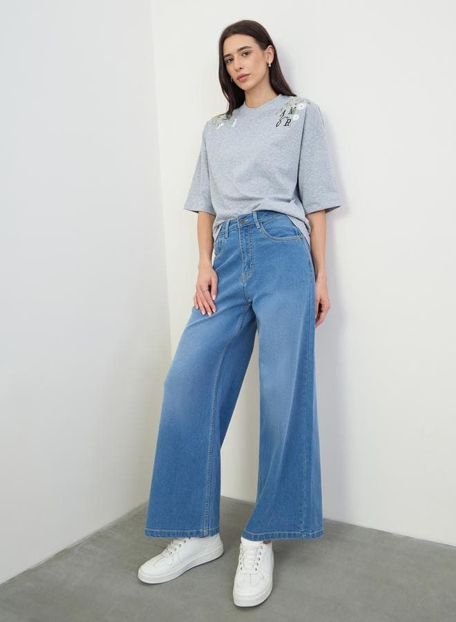 Women Wide Leg Faded Stretchable Jeans