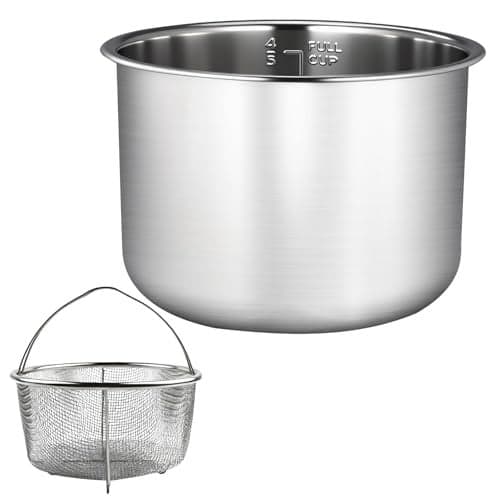 6 Quart Stainless Steel Inner Pot, Compatible with Instant Pot 6 Quart Certain Models, 0 coating, Includes 1 6 QT Inner Pot and 1 Steamer Basket.3 Year Warranty.Not Compatible With CrockPot.