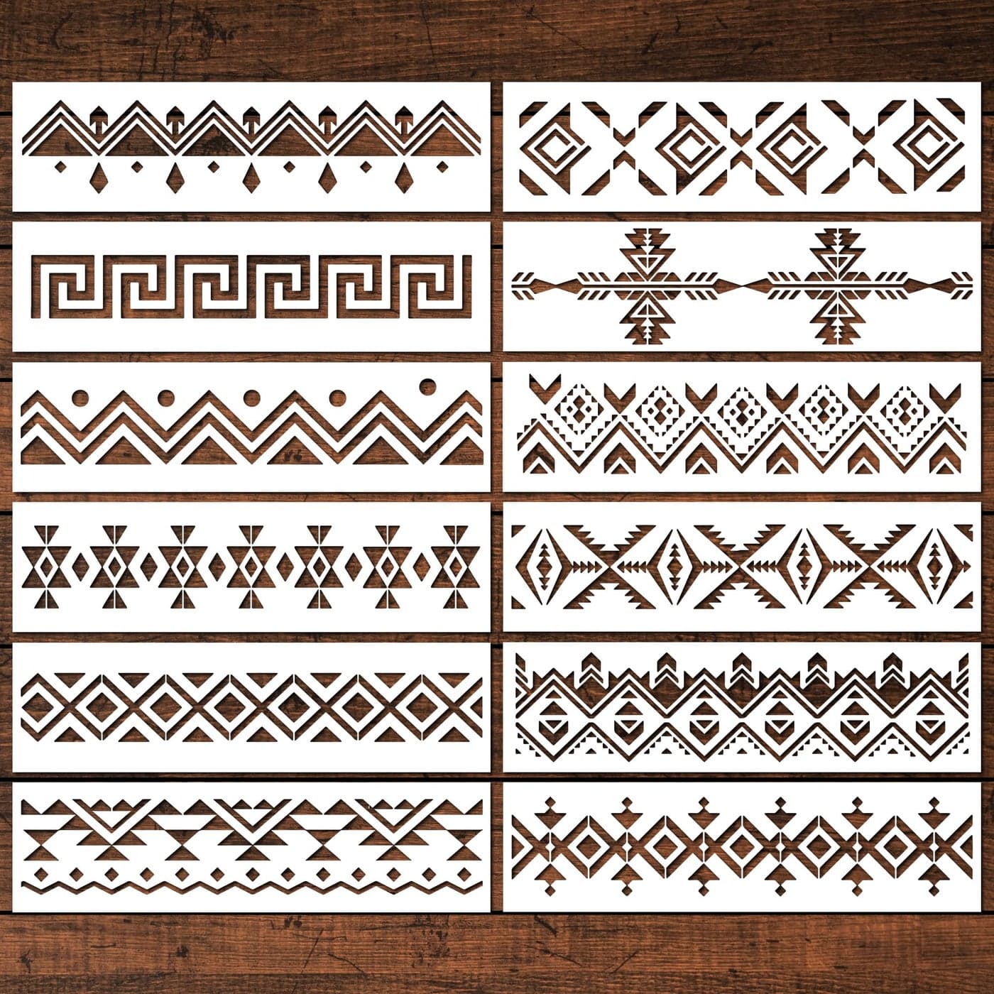 Keluna Aztec Stencils 12 Pcs Boho Borders Pattern Stencils for DIY Wall Wood Canvas Painting