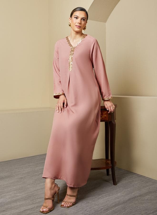 Styli Sequin Embellished V-Neck Flared Jalabiya