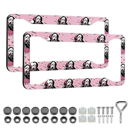 LIN KANG License Plate Frames Holder for Women 2 Pack Universal Pink Car Plate Frame Cute Horror Ghost Skull Face Car Tag Cover Holder with Free Screws Fasteners Caps