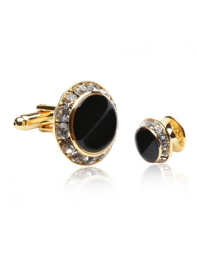 Black and Gold Crystal Cufflinks and Studs Formal Set - 3/4" cufflinks and 3/8" studs Crystal Cufflinks and Studs with Protective Travel Idea Box for Weddings - Gold and Black Cufflinks Studs for Tux