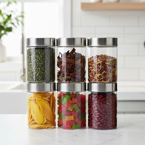 PEARLPET Plus Range Plastic Storage Jars & Containers For Kitchen |Stackable |Air Tight| Steel Cap Jar Set Of 6 Food Grade Boxes For Kitchen storage | Bpa-Free |6 pieces of 750 Ml,Transparent