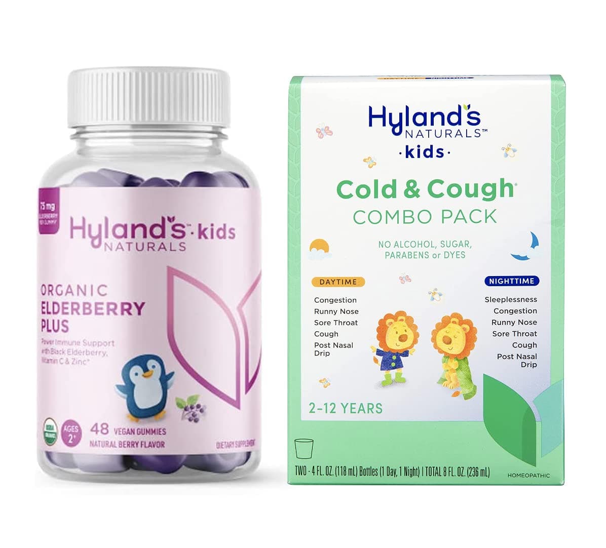 Hylands Naturals Kids Organic Elderberry Plus Gummies 4Kids Cold Cough Daytime 4 fl oz Nighttime 4 fl oz Value Pack Cough Syrup 48 Vegan Kids Gummies 8oz Cold Cough Syrup