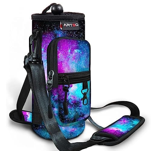 ARTSO Water Bottle Carrier Bag Sling Holder Pouch 25oz 32oz 40oz 64oz Insulated Water Bottle Sleeve Case Cover with Adjustable Shoulder Hand Strap Pocket for Hiking Camping Travelling Galaxy
