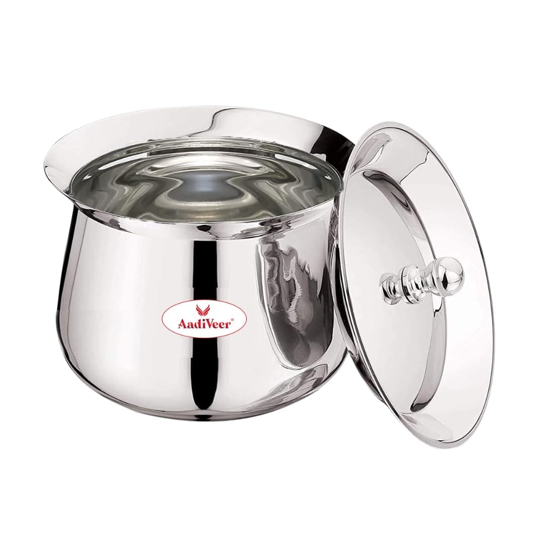 AadiVeer 1350ml Stainless Steel Handi Steel Pot Milk Pot Dahi Handi with Lid Knob Dia 13cm Heavy Guage High Polished Silver