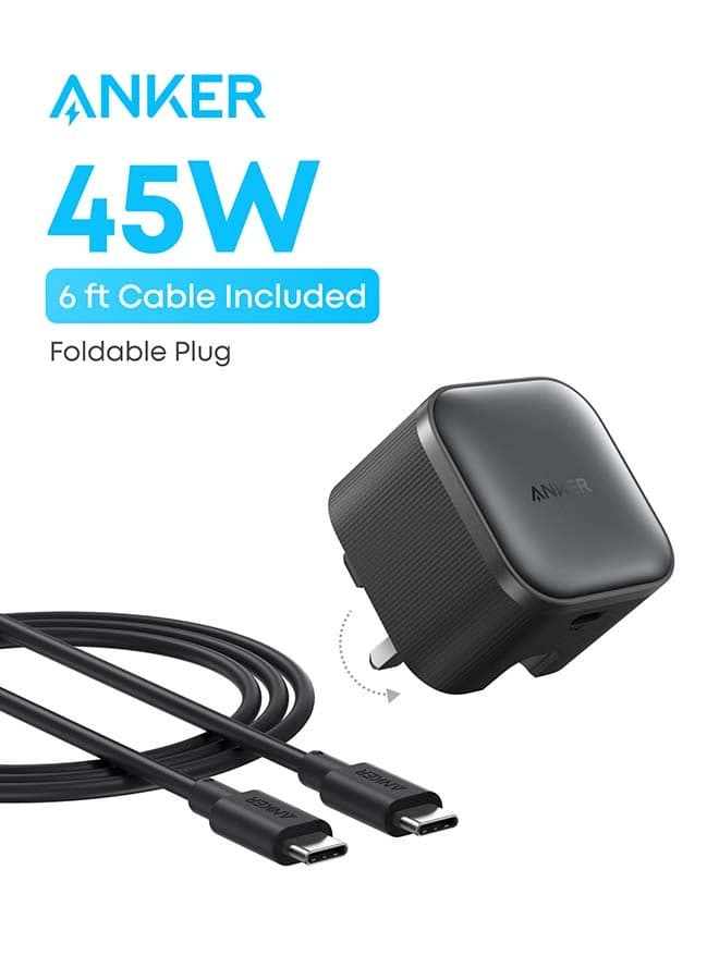 Nano 45W Type C Fast Charging Charger, Compact and Folddable Plug, USB-C Charger Block for Samsung Galaxy S26 Ultra/S25 Series, iPhone 17 Series, MacBook, Pixel 9, iPad (6 ft Cable Included) Black