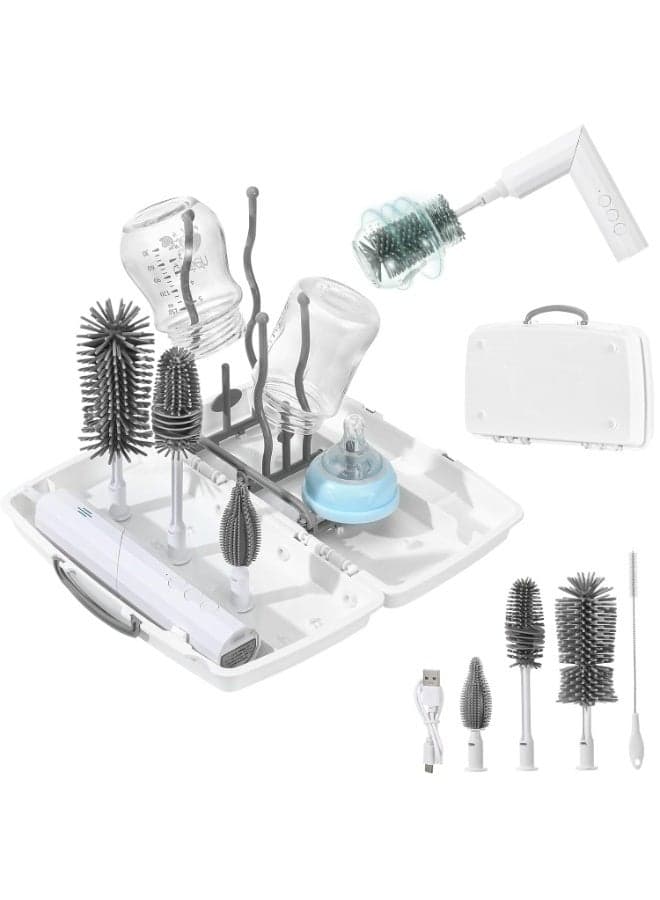 7 in 1Electric Silicone Bottle Brush Kit , Rechargeable Baby Bottle Brush Set, Waterproof Bottle Cleaning Brush, Nipple Brush, Straw Cleaner Brush, Travel Baby Essentials Set with Dry Rack and Tray