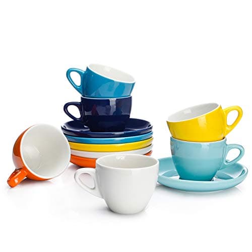 Sweese Espresso Cups with Saucers, 4 Ounce Demitasse Cups, Perfect for Single or Double Espresso, Cappuccino, Latte and Tea - Set of 6, Multicolor, Hot Assorted Colors