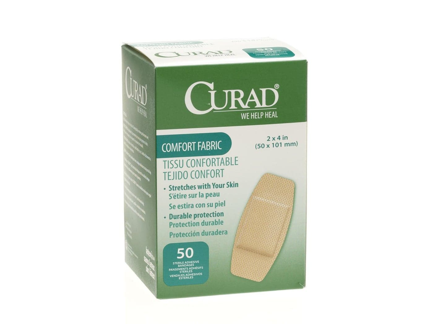 CURAD Comfort Fabric Adhesive Bandages 2 x 4 Sterile Stretches with Skin Box of 50