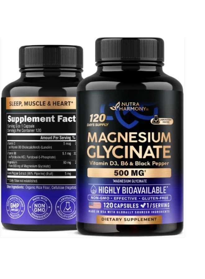 Magnesium Glycinate 500 mg - Supplement w/Vitamin D3 & B6 - Chelated, 98% Absorption - Support for Proper Sleep, Muscle & Heart Health - Made in USA - Vegan & Non-GMO - 120 Capsules, 4 Month Supply